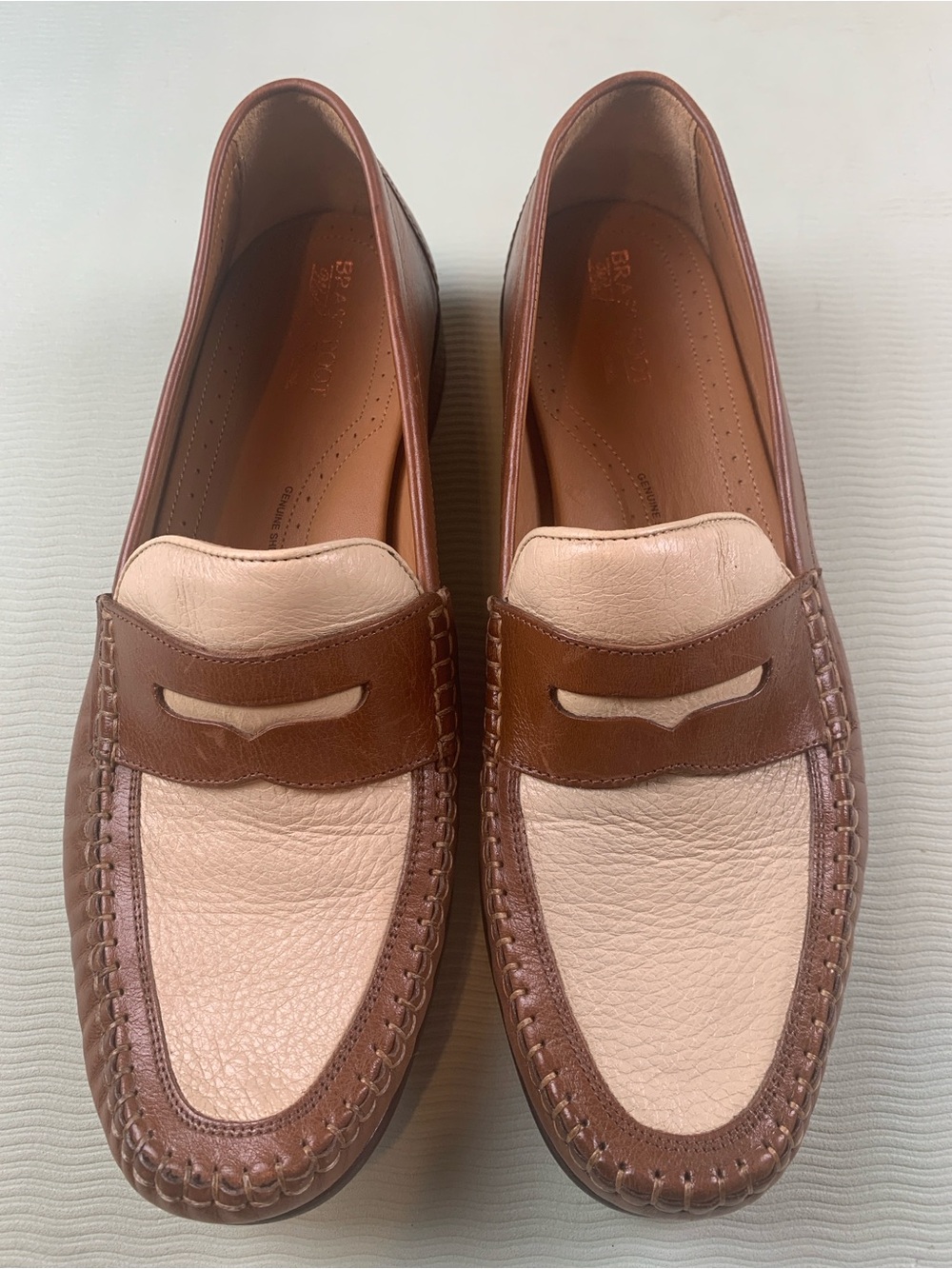 Brass Boot Leather Two-Tone Penny Loafers Brown and Cream hand made India Sz 12